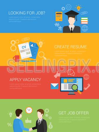 Flat style looking for job offer create resume apply vacancy website banner infographic icon set. Graduate diploma get recommendation partnership handshake. Web infographics collection.