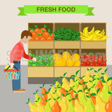 Flat style man choosing apple agriculture fruit market showcase box web infographic icons. Apple watermelon melon banana pear. Website infographics collection.