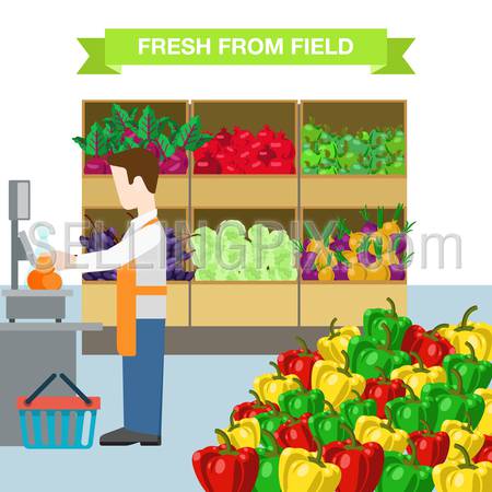 Flat style man worker agriculture vegetable fruit market showcase box web infographic icons. Beet pomegranate apple grape salad onion pepper. Website infographics collection.