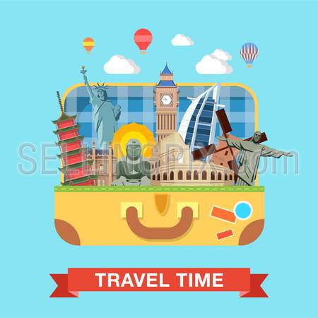 Flat style open suitcase with famous sights of the world travel tourism concept infographics vector illustration. Rome Coliseums Christ Statue Rio London Big Ben Liberty Statue Buddha Beijing Emperor.