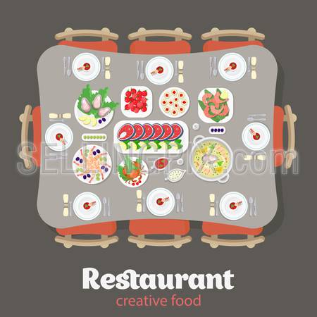 Restaurant flat style design vector graphic top view elements set. Japanese Lobster Fish steak Shrimps Oysters Caviar Soup Sausage Meat food Desert Cake Plates Soy sauce icon illustrations collection.