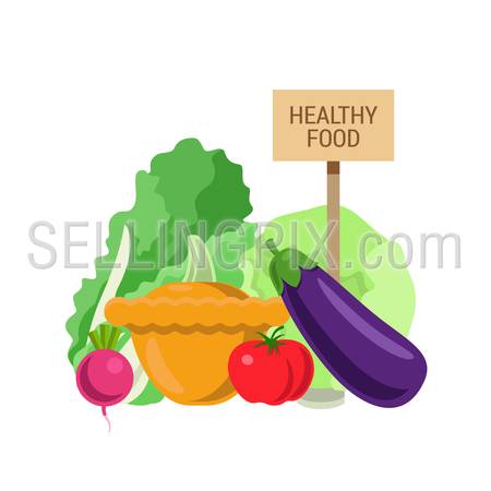 Flat style agriculture fruit healthy food web infographic icons concept. Collage of radish tomato eggplant salad cabbage squash and wooden signboard. Website infographics collection.