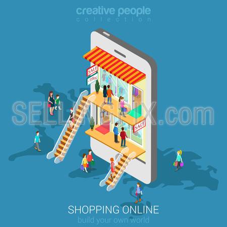 Mobile shopping e-commerce online store flat 3d web isometric infographic concept vector and electronic business, sales, black friday. People walk on floors in stores boutiques like inside smartphone.
