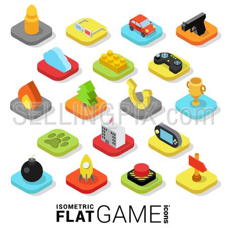Flat 3d isometric trendy style game gaming gamification web mobile app infographics icon set. Website application collection.