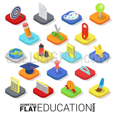 Flat 3d isometric trendy style education web mobile app infographics icon set. Website application collection.