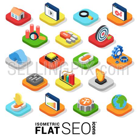 Flat 3d isometric trendy style SEO search engine optimization marketing web mobile app infographics icon set. Website application collection.