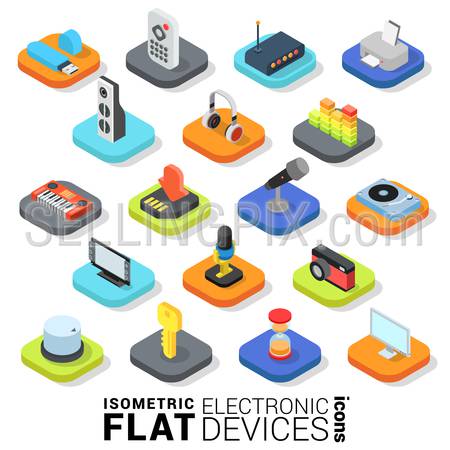Flat 3d isometric trendy style electronic devices web mobile app infographics icon set. Website application collection.