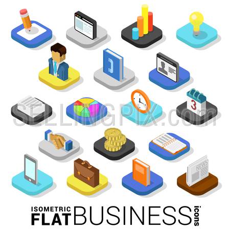 Flat 3d isometric trendy style business finance money web mobile app infographics icon set. Website application collection.