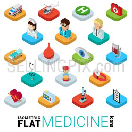 Flat 3d isometric trendy style medicine medical health care web mobile app infographics icon set. Doctor nurse ambulance helicopter blood system stethoscope clyster. Website application collection.