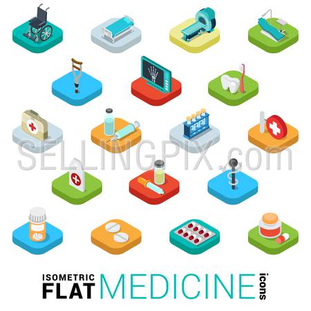 Flat 3d isometric trendy style medicine medical health care cure pharmacy pharmaceutics lab web mobile app infographics icon set. Pills dentist x-ray syringe tools. Website application collection.