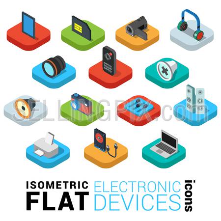 Flat 3d isometric trendy style electronics devices web mobile app infographics icon set. Tablet SIM card camcorder headphones lens remote printer external HDD laptop. Website application collection.