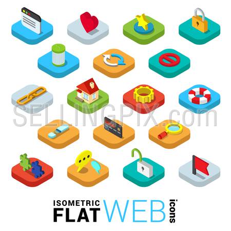 Flat 3d isometric trendy style web surfing mobile app infographics icon set. Window like favorite lock SSL encryption trash delete reload refresh link chain home cog. Website application collection.