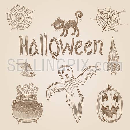 Halloween party engraving style hand drawn doodle template banner print web site set pen pencil crosshatch hatching paper painting retro vintage vector illustration
