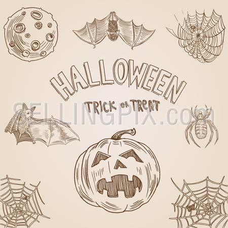 Halloween party engraving style hand drawn doodle template banner print web site set pen  paper painting retro vintage vector illustration