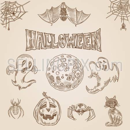 Halloween party engraving style hand drawn doodle template banner print web site set pen pencil crosshatch hatching paper painting retro vintage vector illustration