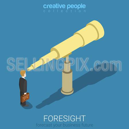 Flat 3d isometric style foresight forecast look into future business concept web infographics vector illustration. Businessman looks into big spyglass. Creative people website conceptual collection.
