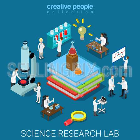 Flat 3d isometric style science chemical pharmaceutical research lab concept web infographics vector illustration. Big books flask tube and scientists. Creative people website conceptual collection.