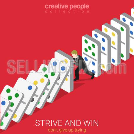 Flat 3d isometric style strive and win do not give up trying business concept web infographics vector illustration. Man holding row of falling domino. Creative people website conceptual collection.