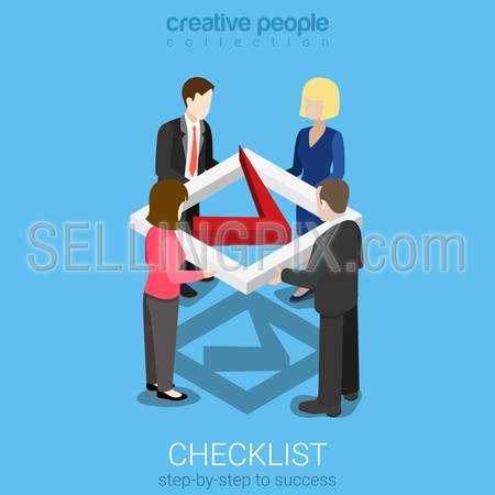 Flat 3d isometric style check list mark business concept web infographics vector illustration. Businesspeople hold big checkmark sign icon. Creative people website conceptual collection.