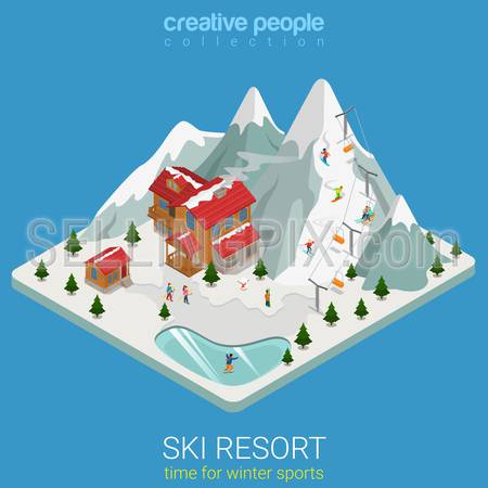 Flat 3d isometric style ski resort winter mountain sports travel concept web infographics vector illustration. Piece hilly land snowboard track ice lake. Creative people website conceptual collection.