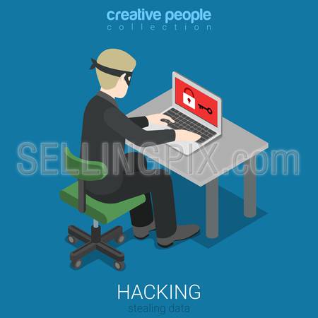 Flat 3d isometric style hacker attack intruding laptop computer internet web system crack password security concept web infographics vector illustration. Creative people website conceptual collection.