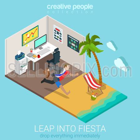 Flat 3d isometric style leap into fiesta concept web infographics vector illustration. Businessman jumping from office workplace to tropical ocean beach. Creative people website conceptual collection.