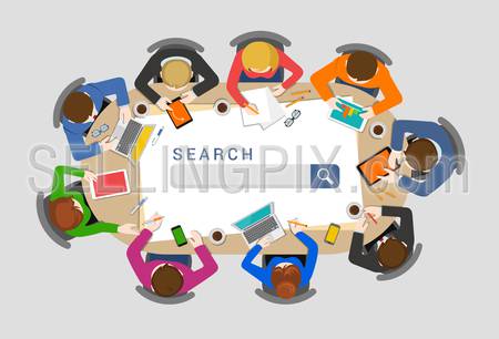 Office table top view SEO business meeting flat web infographic concept vector. Search website form field on table top background. Creative people collection.