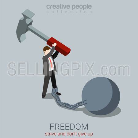 Flat 3d isometric style freedom strive do not give up concept web infographics vector illustration. Man crashing concrete sphere chained to leg. Creative people website conceptual collection.