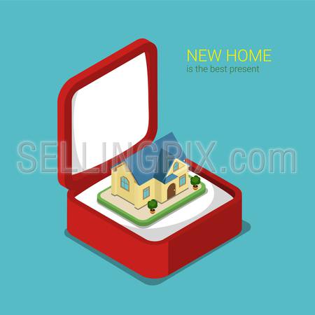 Flat 3d isometric style real estate house present concept web infographics vector illustration. Red gift box with cute villa inside. Creative people website conceptual collection.