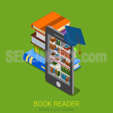 Flat 3d isometric online library web infographics concept. Electronic book reader lib tablet smartphone e-book shelf stand inside and big books around. Creative people collection.