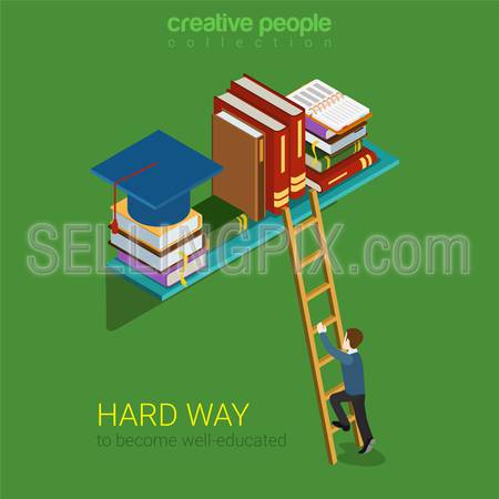 Flat 3d isometric style hard way well-educated education concept web infographics vector illustration. Young man climb ladder to book shelf graduate. Creative people website conceptual collection.