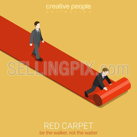 Flat 3d isometric style red carpet concept web infographics vector illustration. Man walk on lane and waiter rolls out. Creative people website conceptual collection.