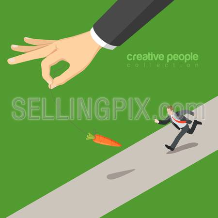 Flat 3d isometric style catch the bait business concept web infographics vector illustration. Micro businessman run after carrot big hand. Creative people website conceptual collection.
