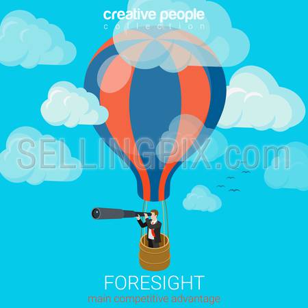 Flat 3d isometric style business foresight future flight concept web infographics vector illustration. Businessman on balloon in sky look spyglass. Creative people website conceptual collection.