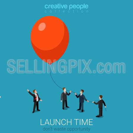 Flat 3d isometric style business launch start up concept web infographics vector illustration. Businessmen group fly balloon up. Creative people website conceptual collection.