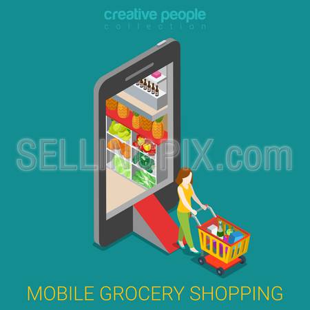 Mobile grocery shopping e-commerce online store flat 3d web isometric infographic concept vector electronic business sales. Woman wheeled cart walk from market shop inside smartphone.