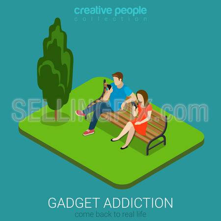 Flat 3d isometric style mobile gadget addiction technology concept come back to real life web infographics vector illustration. Couple on bench using smart phones. Creative people collection.