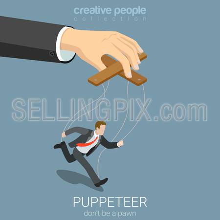 Flat 3d isometric style puppeteer business concept web infographics vector illustration. Businessman puppet and big managing hand. Creative people website conceptual collection.