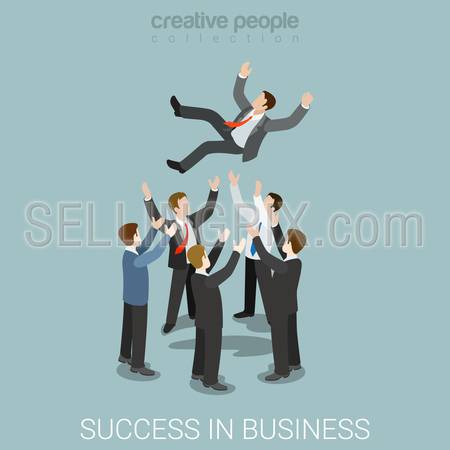Flat 3d isometric style success in business concept web infographics vector illustration. Man throw toss up hands. Creative people website conceptual collection.