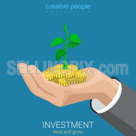 Flat 3d isometric style investment grow business concept web infographics vector illustration. Coin and plant sprout growing on hand palm. Creative people website conceptual collection.