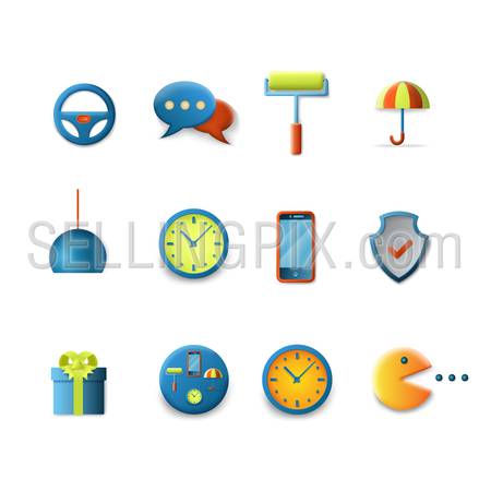 Stylish set of gradient silky candy smooth technology icons. Steering wheel sms chat security clock smartphone settings gift pacman pac-man signs. Mobile app interface elements collection.