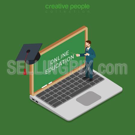 Flat 3d isometric style online course education internet technology concept web infographics vector illustration. Male teacher stand on laptop point screen blackboard. Creative learning collection.