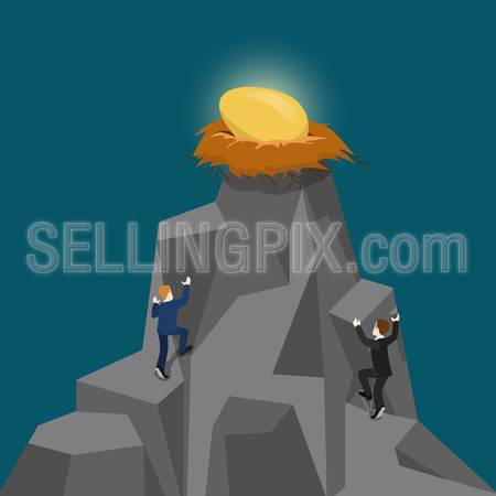 Flat 3d isometric style gold rush career growth business concept web infographics vector illustration. Businessmen climb up mountain to get golden egg in nest. Creative people collection.