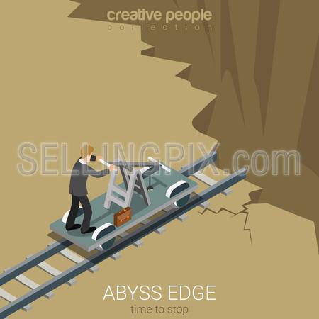 Flat 3d isometric style abyss edge time to stop business concept web infographics vector illustration. Businessman drive railway handcar trolley to gulf chasm earth fault. Creative people collection.