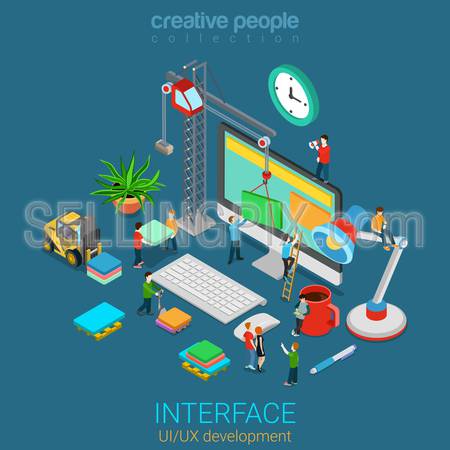 Flat 3d isometric mobile UI/UX GUI design web infographic concept vector. Crane people creating interface on computer. User interface experience usability mockup wireframe software development concept