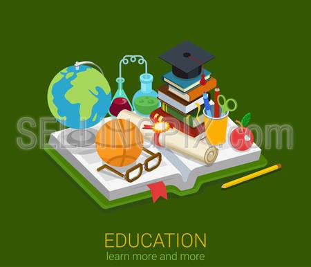 Flat 3d isometric style education school college university concept web infographics vector illustration icon set. Open book and globe flask glasses certificate objects. Creative people collection.