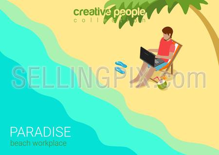 Flat 3d isometric style tropical beach paradise workplace concept web infographics vector illustration. Young casual man on lounge chair seashore laptop slippers cocktail. Creative people collection.