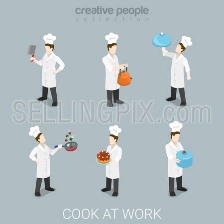 Flat 3d isometric style cook at work funny chief concept web infographics vector illustration icon set. Cooking pot cake knife pan uniform professional tools. Creative people collection.