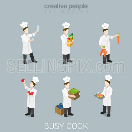 Flat 3d isometric style busy cook at work funny chief concept web infographics vector illustration icon set. Cooking knife agriculture vegetable uniform professional tools. Creative people collection.