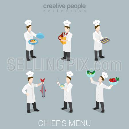 Flat 3d isometric style busy cook at work funny chief concept web infographics vector illustration icon set. Cooking salad fish dish sausage uniform professional tools. Creative people collection.